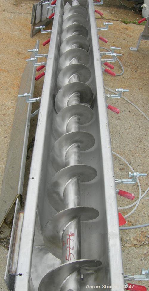 Unused- Dalex Screw conveyor, 304 stainless steel, horizontal. 9" diameter x 111" long x 4" pitch screw. 10" x 10" side opening, (3) 10" bottom outlets. Trough measures 10" wide x 122" long x approxi...