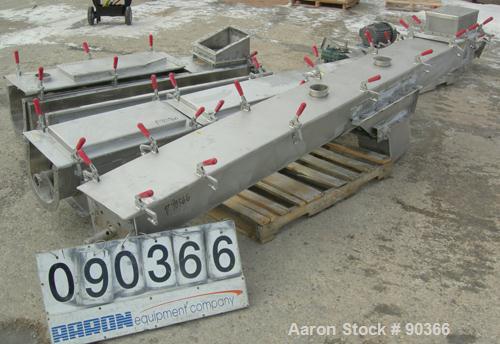 USED: Screw conveyor, 304 stainless steel, horizontal. 9" diameter x approximately 30' long x 4-1/2" pitch screw in 4 sections. Trough measures 10" wide x approximately 10" deep in 4 sections. (5) Pi...