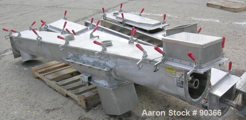 USED: Screw conveyor, 304 stainless steel, horizontal. 9" diameter x approximately 30' long x 4-1/2" pitch screw in 4 sections. Trough measures 10" wide x approximately 10" deep in 4 sections. (5) Pi...