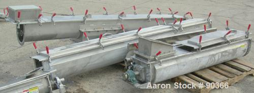 USED: Screw conveyor, 304 stainless steel, horizontal. 9" diameter x approximately 30' long x 4-1/2" pitch screw in 4 sections. Trough measures 10" wide x approximately 10" deep in 4 sections. (5) Pi...