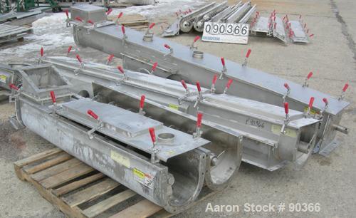 USED: Screw conveyor, 304 stainless steel, horizontal. 9" diameter x approximately 30' long x 4-1/2" pitch screw in 4 sections. Trough measures 10" wide x approximately 10" deep in 4 sections. (5) Pi...