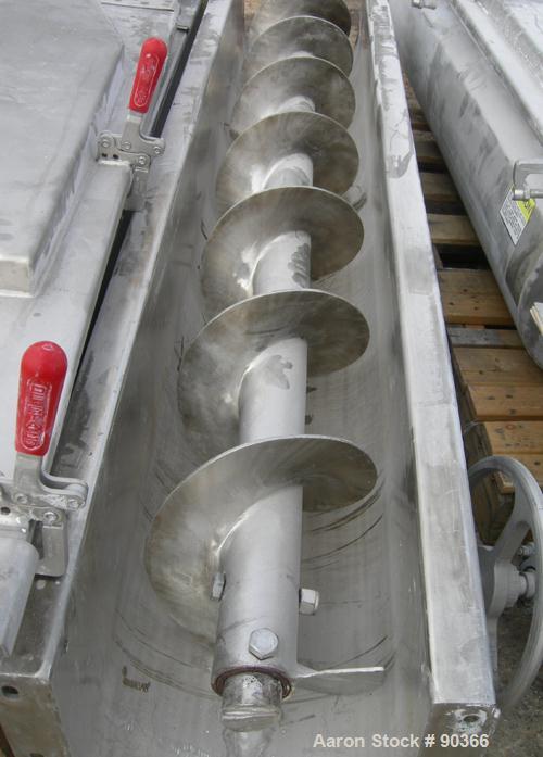 USED: Screw conveyor, 304 stainless steel, horizontal. 9" diameter x approximately 30' long x 4-1/2" pitch screw in 4 sections. Trough measures 10" wide x approximately 10" deep in 4 sections. (5) Pi...