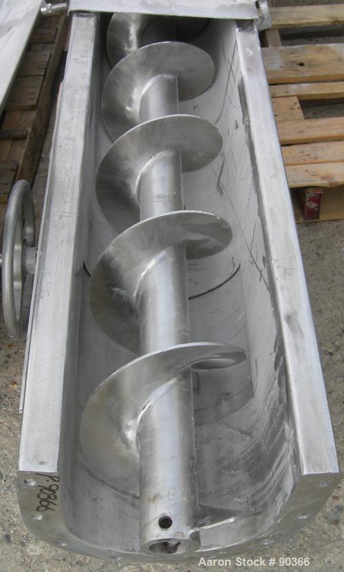 USED: Screw conveyor, 304 stainless steel, horizontal. 9" diameter x approximately 30' long x 4-1/2" pitch screw in 4 sections. Trough measures 10" wide x approximately 10" deep in 4 sections. (5) Pi...