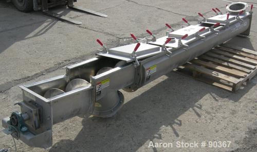 USED: Screw conveyor, 304 stainless steel, horizontal. 9" diameter x approximately 144" long x 4-1/2" pitch screw in 3 sections. Trough measures 10" wide x approximately 10" deep in 3 sections. (4) P...