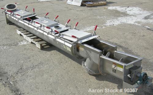 USED: Screw conveyor, 304 stainless steel, horizontal. 9" diameter x approximately 144" long x 4-1/2" pitch screw in 3 sections. Trough measures 10" wide x approximately 10" deep in 3 sections. (4) P...