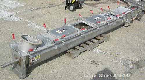 USED: Screw conveyor, 304 stainless steel, horizontal. 9" diameter x approximately 144" long x 4-1/2" pitch screw in 3 sections. Trough measures 10" wide x approximately 10" deep in 3 sections. (4) P...
