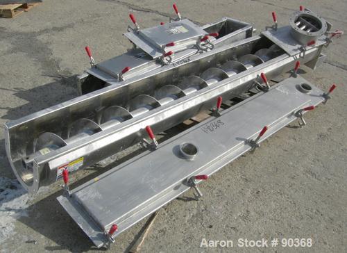 USED: Screw conveyor, 304 stainless steel, horizontal. 9" diameter x approximately 170" long x 4-1/2" pitch screw in 2 sections, (1) 118" long, (1) 52" long. Trough measures 10" wide x approximately ...