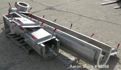 USED: Screw conveyor, 304 stainless steel, horizontal. 9" diameter x approximately 170" long x 4-1/2" pitch screw in 2 sections, (1) 118" long, (1) 52" long. Trough measures 10" wide x approximately ...