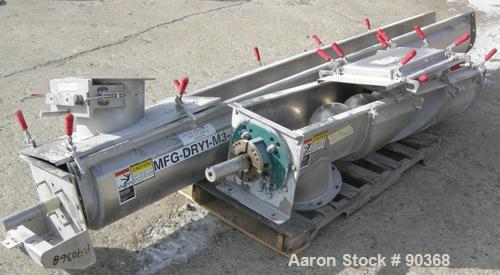 USED: Screw conveyor, 304 stainless steel, horizontal. 9" diameter x approximately 170" long x 4-1/2" pitch screw in 2 sections, (1) 118" long, (1) 52" long. Trough measures 10" wide x approximately ...