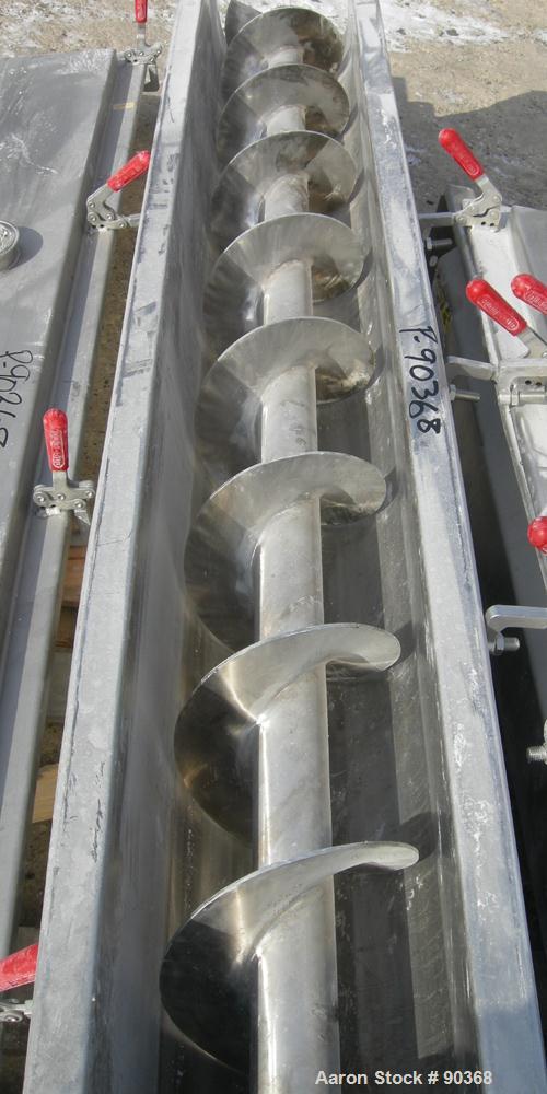 USED: Screw conveyor, 304 stainless steel, horizontal. 9" diameter x approximately 170" long x 4-1/2" pitch screw in 2 sections, (1) 118" long, (1) 52" long. Trough measures 10" wide x approximately ...