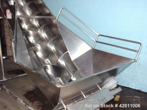 Used Afeco Screw Conveyor, Model 150, stainless steel. Dual auger type with (2) 17" diameter x 144" long  x approximate 8" pitch screws. Trough 16" wide. Feed hopper 60" wide x 65" long x 40" deep. (...