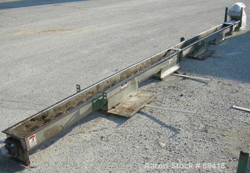USED: Advanced Fabricators Screw Conveyor, 304 stainless steel, horizontal. 6" diameter x 220" long x 3" pitch screw. Driven by a 1 hp, 3/60/208-230/460 volt, 1725 rpm motor with a Dodge reducer, rat...