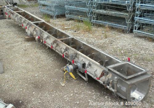 Used Continental Screw Conveyor Horizontal Screw Conveyor, 316 Stainless Steel. Approximate 9" diameter x 200" long x 5" pitch screw. Capacity 16-160 cubic feet an hour. Top end feed/end bottom outle...