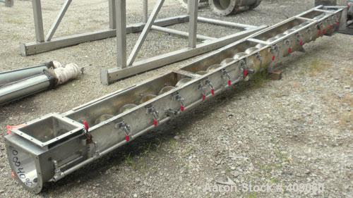 Used Continental Screw Conveyor Horizontal Screw Conveyor, 316 Stainless Steel. Approximate 9" diameter x 200" long x 5" pitch screw. Capacity 16-160 cubic feet an hour. Top end feed/end bottom outle...