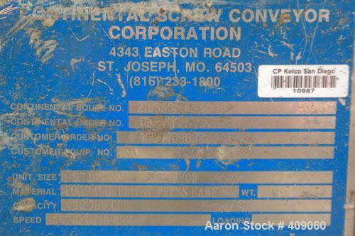 Used Continental Screw Conveyor Horizontal Screw Conveyor, 316 Stainless Steel. Approximate 9" diameter x 200" long x 5" pitch screw. Capacity 16-160 cubic feet an hour. Top end feed/end bottom outle...