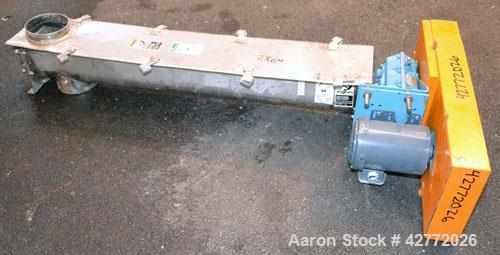 Used FMC Horizontal Screw Conveyor, 304 Stainless Steel. Approximate 9" diameter x 48" long x 4-1/2" pitch screw. Trough 7" wide x 7-1/2" deep. (1) Piece top cover. Driven by a 1hp, 3/60/208-230/460 ...