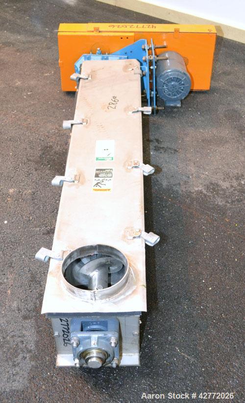 Used FMC Horizontal Screw Conveyor, 304 Stainless Steel. Approximate 9" diameter x 48" long x 4-1/2" pitch screw. Trough 7" wide x 7-1/2" deep. (1) Piece top cover. Driven by a 1hp, 3/60/208-230/460 ...