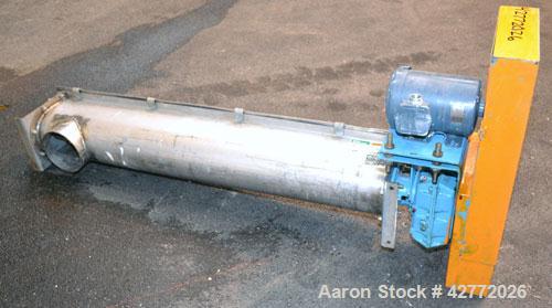 Used FMC Horizontal Screw Conveyor, 304 Stainless Steel. Approximate 9" diameter x 48" long x 4-1/2" pitch screw. Trough 7" wide x 7-1/2" deep. (1) Piece top cover. Driven by a 1hp, 3/60/208-230/460 ...