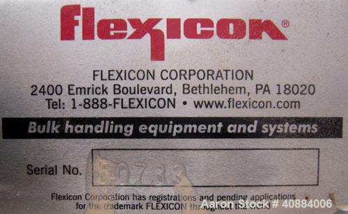 Used Flexcion Flexible Screw Conveyor. 304 Stainless Steel Hopper.  3" diameter x 249" long stainless steel screw, 4" diameter x 221" long plastic tube.  Driven by a 5 hp, 3/60/208-230/460 volt, 1740...