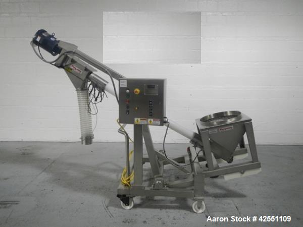 Used Flexicon feeder system, with 4" diameter x 7' long poly tube, stainless steel auger driven by 3 hp, 230/460 volt motor drive, , approximately 2" x 2" x 18" deep stainless steel feed hopper with ...