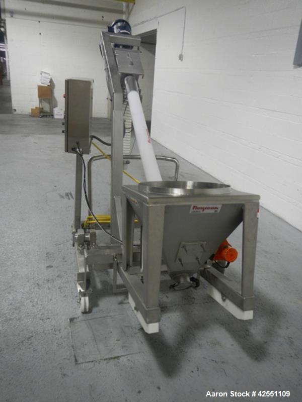 Used Flexicon feeder system, with 4" diameter x 7' long poly tube, stainless steel auger driven by 3 hp, 230/460 volt motor drive, , approximately 2" x 2" x 18" deep stainless steel feed hopper with ...