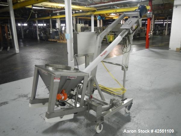 Used Flexicon feeder system, with 4" diameter x 7' long poly tube, stainless steel auger driven by 3 hp, 230/460 volt motor drive, , approximately 2" x 2" x 18" deep stainless steel feed hopper with ...