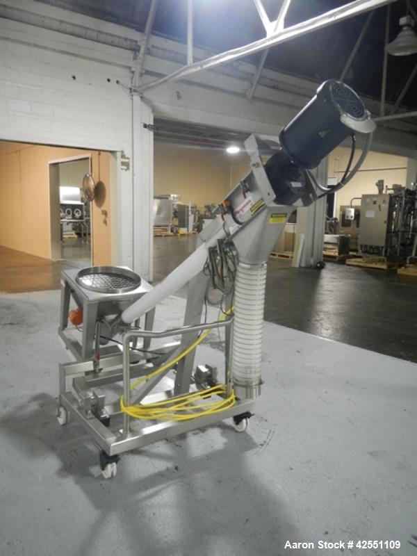 Used Flexicon feeder system, with 4" diameter x 7' long poly tube, stainless steel auger driven by 3 hp, 230/460 volt motor drive, , approximately 2" x 2" x 18" deep stainless steel feed hopper with ...