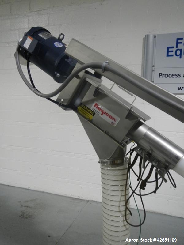 Used Flexicon feeder system, with 4" diameter x 7' long poly tube, stainless steel auger driven by 3 hp, 230/460 volt motor drive, , approximately 2" x 2" x 18" deep stainless steel feed hopper with ...