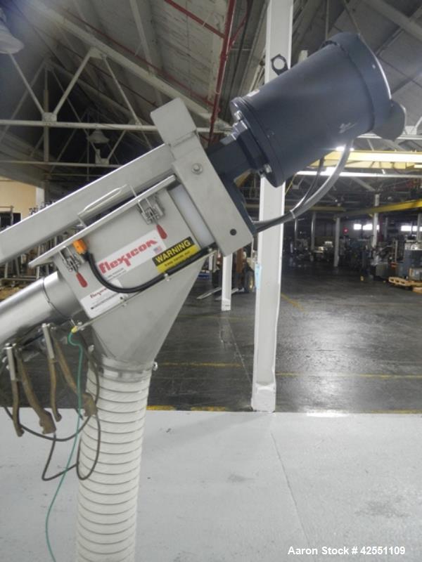 Used Flexicon feeder system, with 4" diameter x 7' long poly tube, stainless steel auger driven by 3 hp, 230/460 volt motor drive, , approximately 2" x 2" x 18" deep stainless steel feed hopper with ...