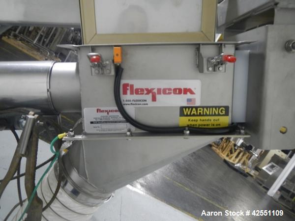 Used Flexicon feeder system, with 4" diameter x 7' long poly tube, stainless steel auger driven by 3 hp, 230/460 volt motor drive, , approximately 2" x 2" x 18" deep stainless steel feed hopper with ...