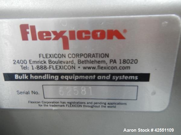 Used Flexicon feeder system, with 4" diameter x 7' long poly tube, stainless steel auger driven by 3 hp, 230/460 volt motor drive, , approximately 2" x 2" x 18" deep stainless steel feed hopper with ...
