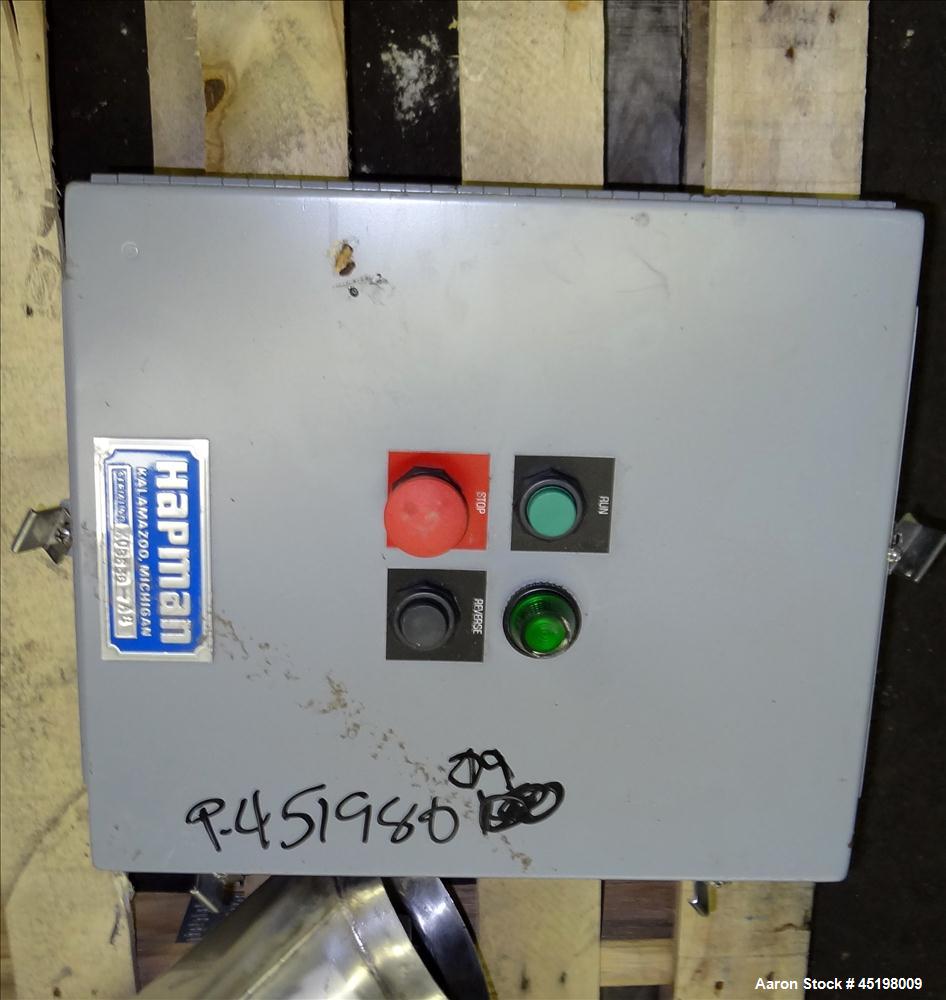 Used Hapman Flexible Screw Conveyor Parts Consisting Of: (1) 36" x 36" x 35" deep feed hopper with a 1 piece cover, (1) 5hp, 3/60/208-230/460 volt, 1725 rpm gear motor, ratio 3 to 1, and a control pa...