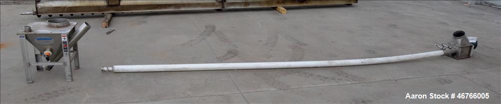 Used Hapman Flexible Screw Conveyor, 304 Stainless Steel. Approximate 2" diameter x 180" long screw. Hopper approximate 16" x 16" x 16" cone. No drive motor, drive box has 6" outfeed. Serial# X12083-...