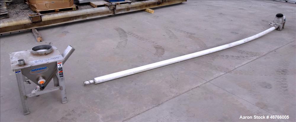 Used Hapman Flexible Screw Conveyor, 304 Stainless Steel. Approximate 2" diameter x 180" long screw. Hopper approximate 16" x 16" x 16" cone. No drive motor, drive box has 6" outfeed. Serial# X12083-...