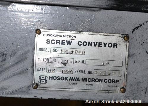 Used-Hosokawa Micron Screw Conveyor, Model SC-15-1040, Stainless Steel Approximate 6’’ diameter x 38’’ long screw, 6-1/2’’ d...