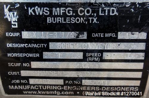 Used KWS Screw Conveyor, model 6X17-3-1/4, 304 stainless steel, horizontal. 6" diameter x 207" long x approximate 3" pitch, approximate 35 screw rpm. 7-1/2" wide trough. 5-1/2" end top feed, 7" end b...