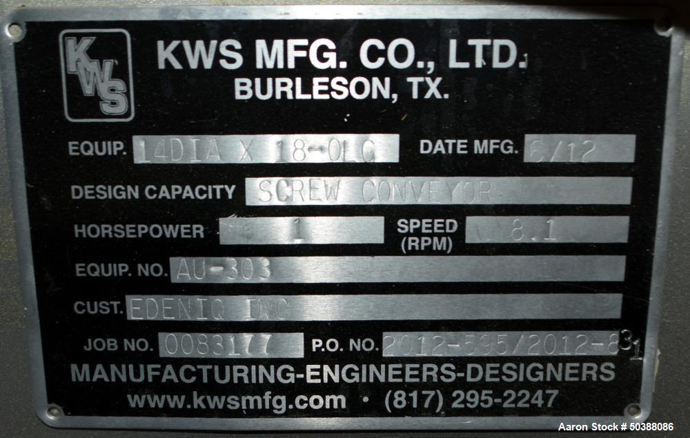 Used- KWS Manufacturing Ribbon Style Continuos Mixer / Conveyor, 304 Stainless