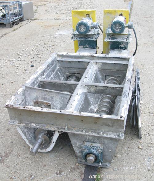 USED: KWS Dual Screw Conveyor/Feeder, 304 stainless steel. (2) 6" diameter x 6' long x 1-1/2" pitch screws. Each driven by a 2 hp, 3/60/230/460 volt, 1730 rpm motor thru a Dodge reducer, ratio 23.46:...