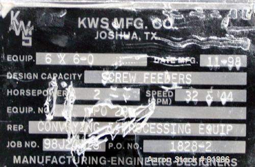 USED: KWS Dual Screw Conveyor/Feeder, 304 stainless steel. (2) 6" diameter x 6' long x 1-1/2" pitch screws. Each driven by a 2 hp, 3/60/230/460 volt, 1730 rpm motor thru a Dodge reducer, ratio 23.46:...