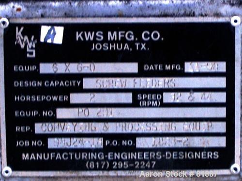 USED: KWS Dual Screw Conveyor/Feeder, 304 stainless steel. (2) 6" diameter x 6' long x 1-1/2" pitch screws. Driven by a 2 hp, 3/60/230/460 volt, 1730 rpm motor thru a Dodge reducer, ratio 23.46:1. Ap...