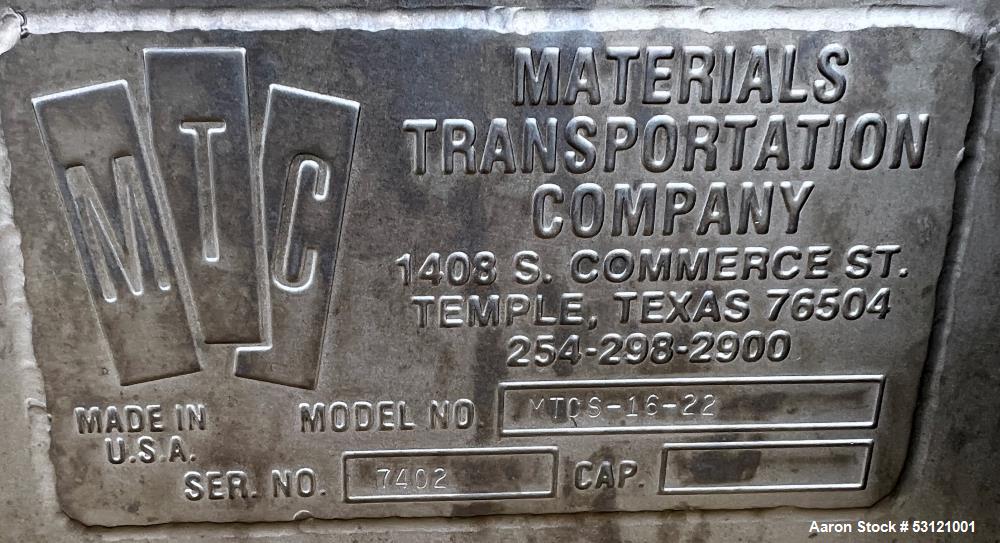 Used MTC Screw Feeder, Model MTCS 16-22, Stainless Steel. Trough approximate 22' long x 14" wide x 18" deep. Screw driven by a 10hp, 3/60/460 volt, 1774 rpm motor.