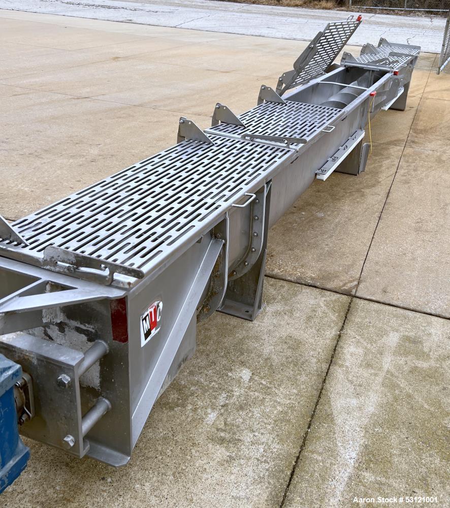 Used MTC Screw Feeder, Model MTCS 16-22, Stainless Steel. Trough approximate 22' long x 14" wide x 18" deep. Screw driven by a 10hp, 3/60/460 volt, 1774 rpm motor.