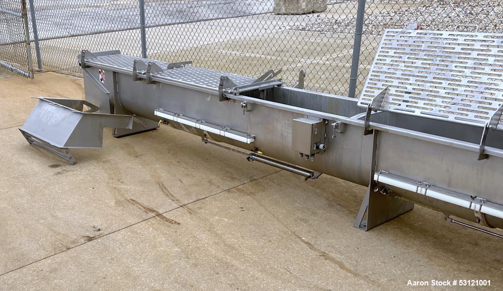 Used MTC Screw Feeder, Model MTCS 16-22, Stainless Steel. Trough approximate 22' long x 14" wide x 18" deep. Screw driven by a 10hp, 3/60/460 volt, 1774 rpm motor.