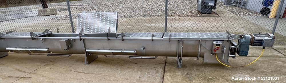 Used MTC Screw Feeder, Model MTCS 16-22, Stainless Steel. Trough approximate 22' long x 14" wide x 18" deep. Screw driven by a 10hp, 3/60/460 volt, 1774 rpm motor.