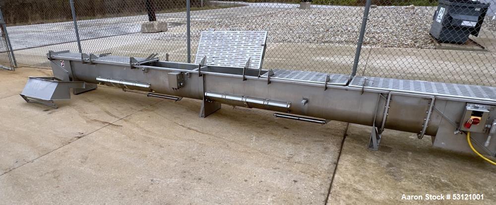 Used MTC Screw Feeder, Model MTCS 16-22, Stainless Steel. Trough approximate 22' long x 14" wide x 18" deep. Screw driven by a 10hp, 3/60/460 volt, 1774 rpm motor.