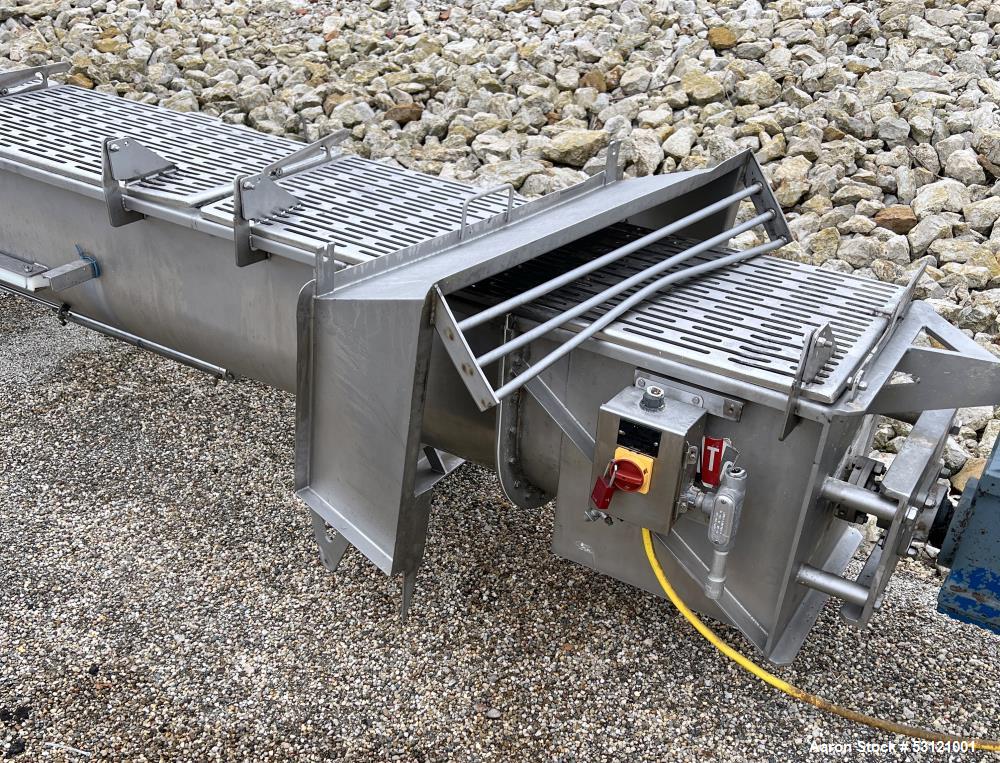Used MTC Screw Feeder, Model MTCS 16-22, Stainless Steel. Trough approximate 22' long x 14" wide x 18" deep. Screw driven by a 10hp, 3/60/460 volt, 1774 rpm motor.