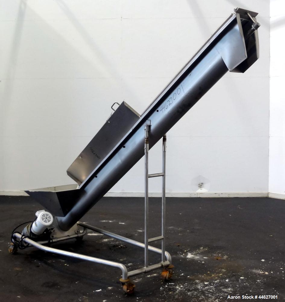 Used Mepaco Inclined Screw Conveyor, 304 Stainless Steel. Approximate 6-1/2" diameter x 136" long screw, 6-1/2" pitch. Driven by a 2hp, 3/60/208-230/460 volt, 1725 rpm gear motor, no ratio. Bottom en...