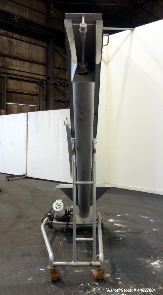Used Mepaco Inclined Screw Conveyor, 304 Stainless Steel. Approximate 6-1/2" diameter x 136" long screw, 6-1/2" pitch. Driven by a 2hp, 3/60/208-230/460 volt, 1725 rpm gear motor, no ratio. Bottom en...