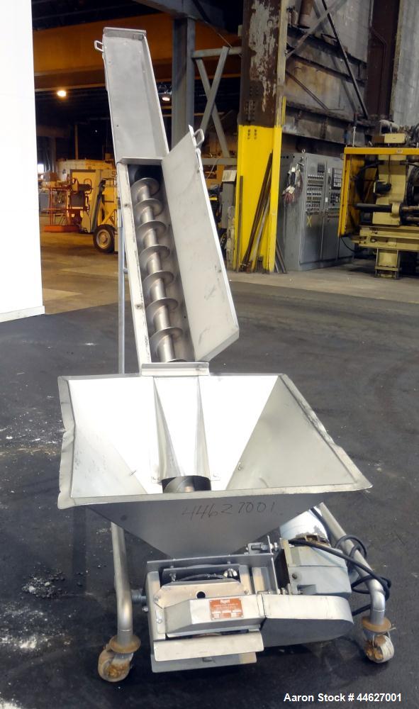 Used- Mepaco Inclined Screw Conveyor, 304 Stainless Steel. Approximate 6-1/2" diameter x 136" long screw, 6-1/2" pitch. Driv...