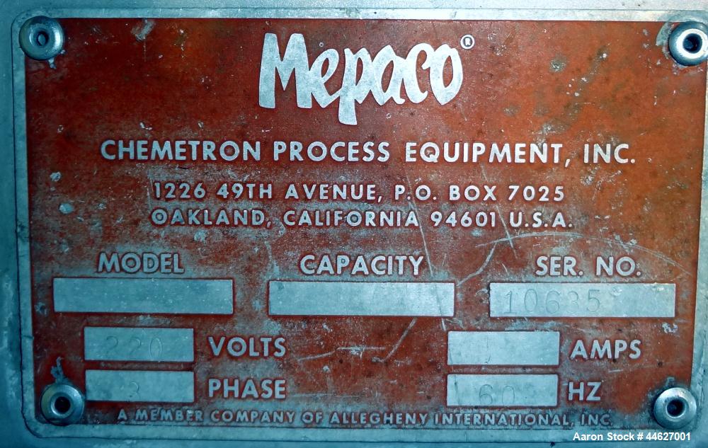 Used Mepaco Inclined Screw Conveyor, 304 Stainless Steel. Approximate 6-1/2" diameter x 136" long screw, 6-1/2" pitch. Driven by a 2hp, 3/60/208-230/460 volt, 1725 rpm gear motor, no ratio. Bottom en...